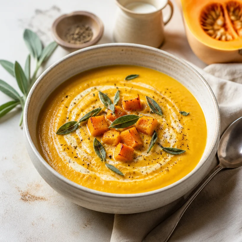 Bowl of creamy butternut squash soup with a sprinkle of herbs