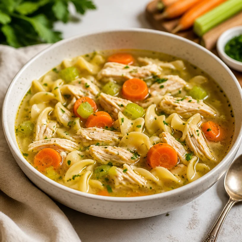 A steaming bowl of Minute One-Pot Chicken Noodle Soup beside fresh ingredients.