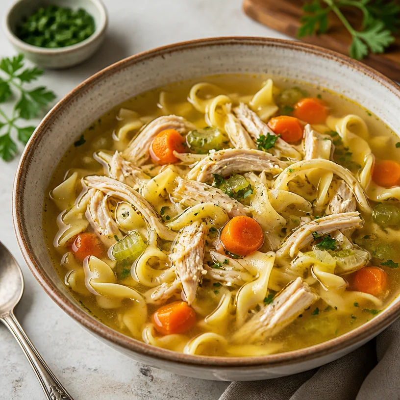 One-Pot Chicken Noodle Soup in a bowl, a quick weeknight comfort meal.