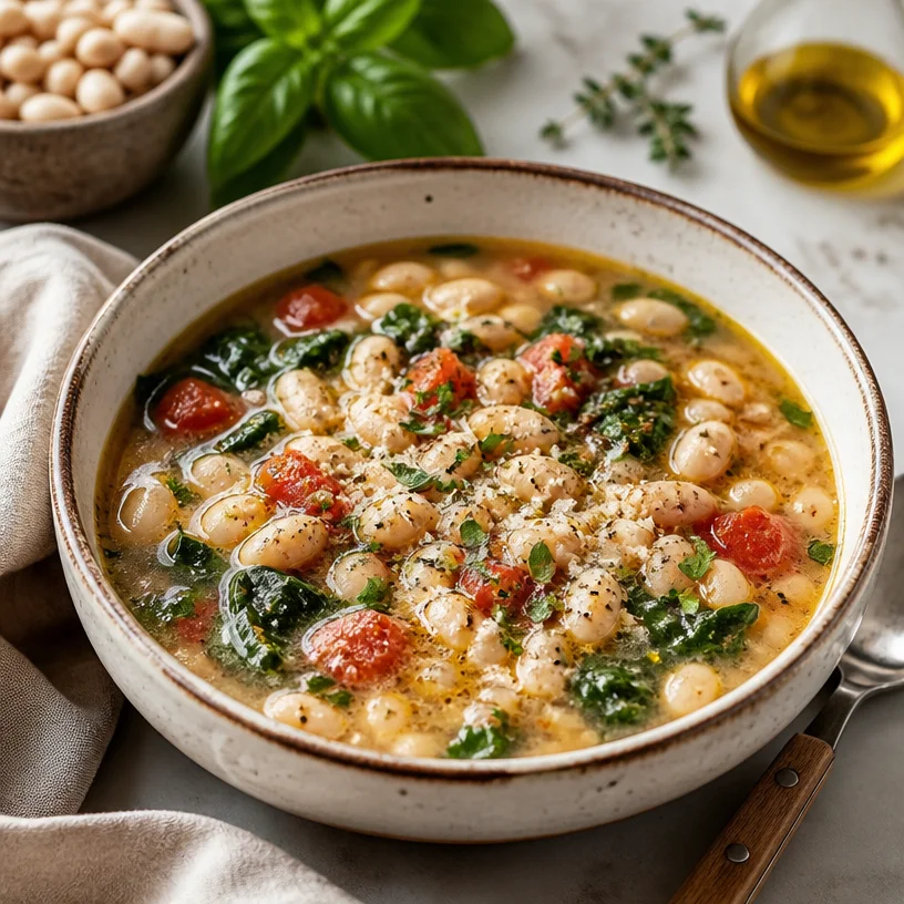 Bowl of Minute Tuscan White Bean Soup garnished with herbs and served with bread.