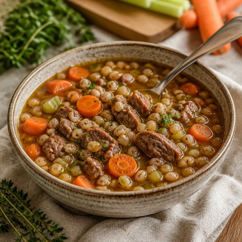 One-pot beef barley soup in a bowl with fresh herbs