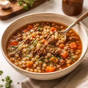 Delicious beef barley soup in a pot, ideal for weeknight meal prep.