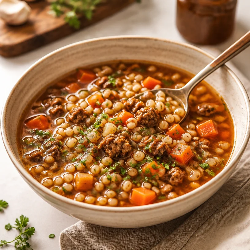 Delicious beef barley soup in a pot, ideal for weeknight meal prep.