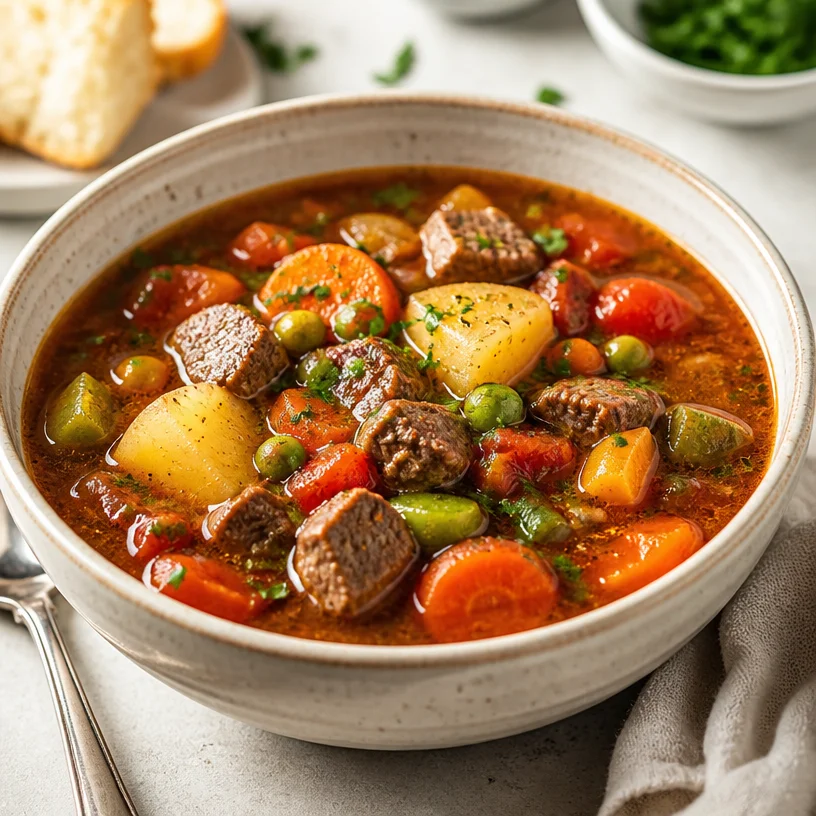 Bowl of one-pot beef vegetable soup with colorful vegetables