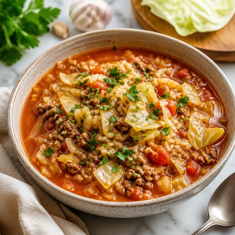 Delicious one-pot cabbage roll soup served in a bowl