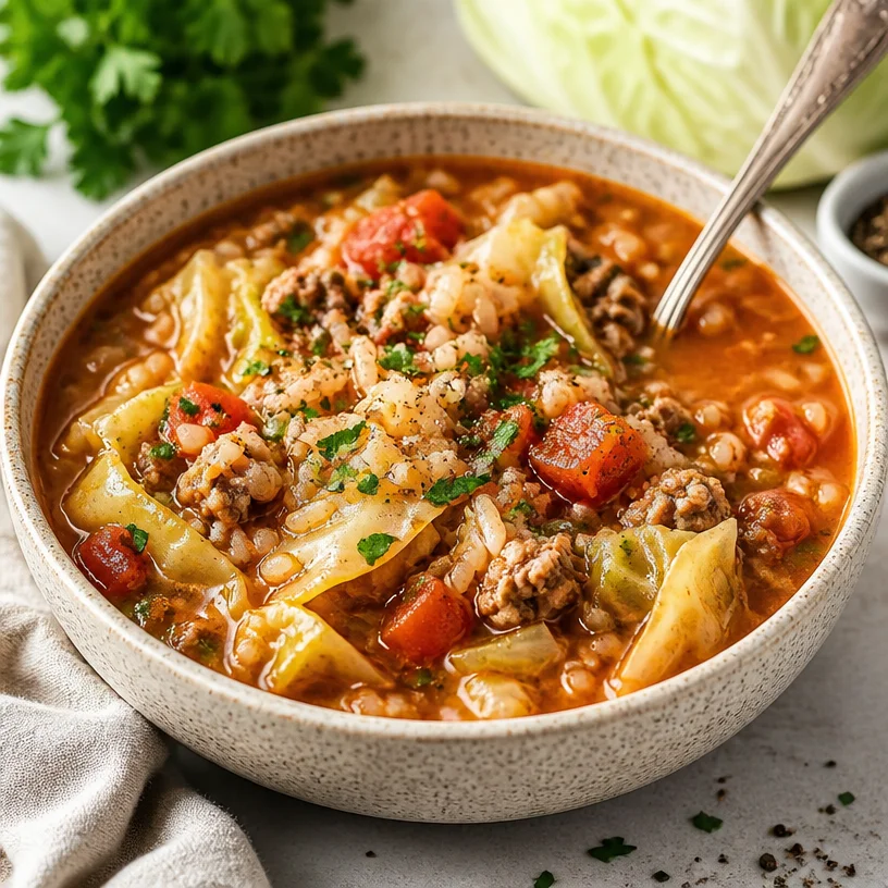 Bowl of one-pot cabbage roll soup with fresh ingredients and herbs.