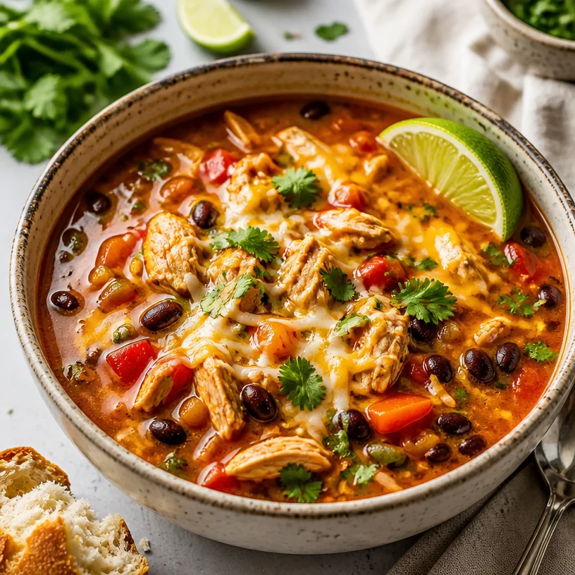 A bowl of one-pot chicken fajita soup garnished with fresh herbs.