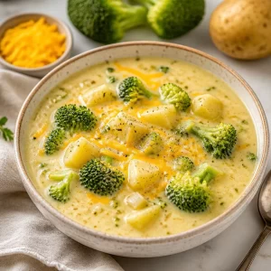 Bowl of creamy broccoli potato soup garnished with fresh herbs in a rustic setting