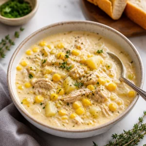 Creamy chicken corn chowder in a pot ready to serve
