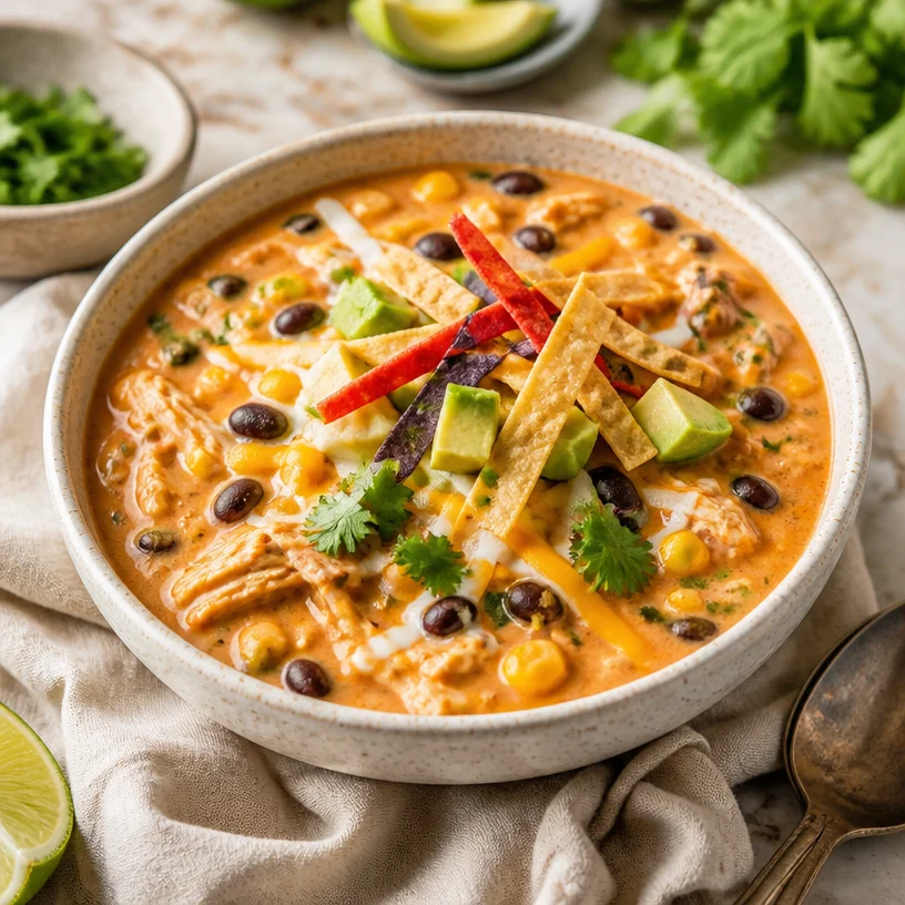 Bowl of creamy chicken enchilada soup garnished with cilantro and tortilla strips