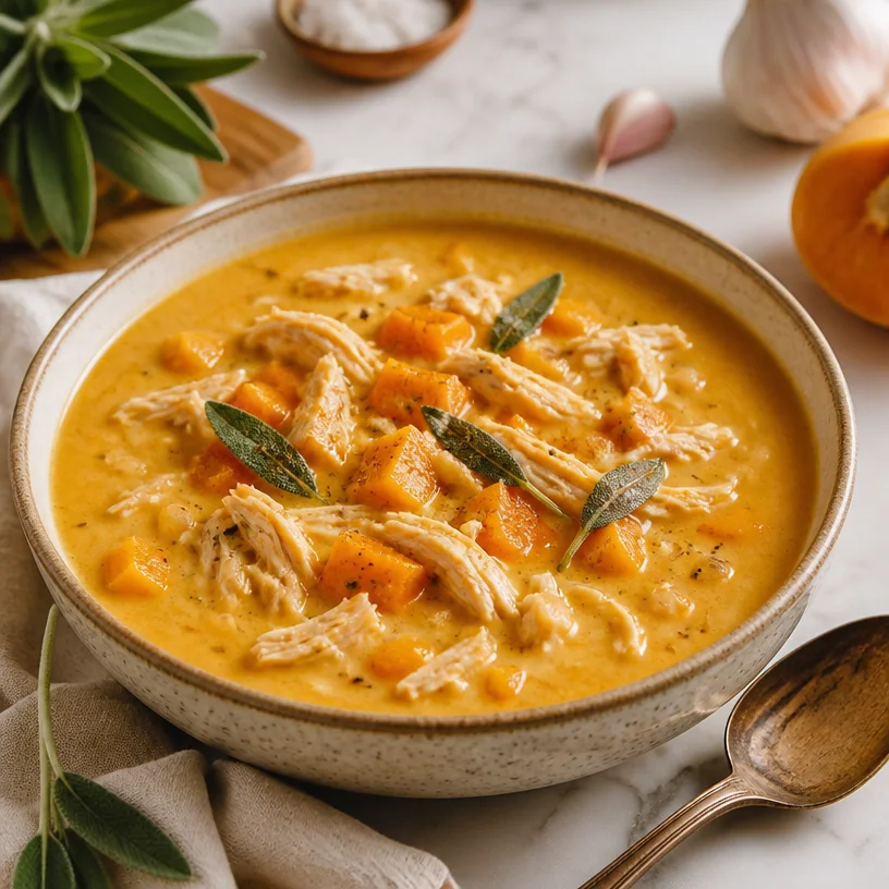 Creamy pumpkin chicken soup served in a bowl with herbs on top.
