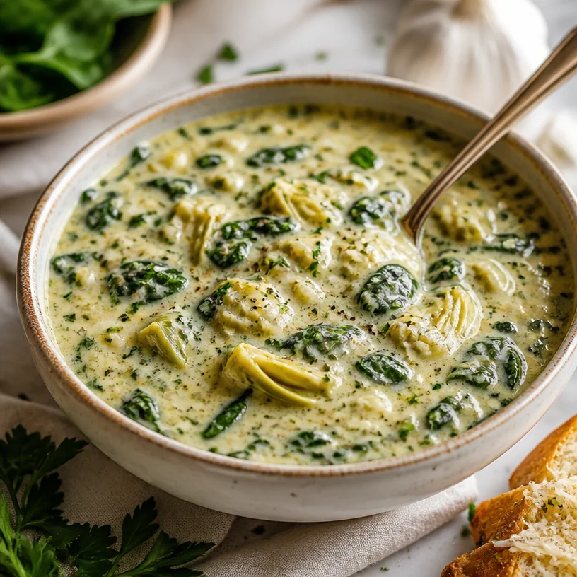One-Pot Creamy Spinach Artichoke Soup ready to serve in just 20 minutes