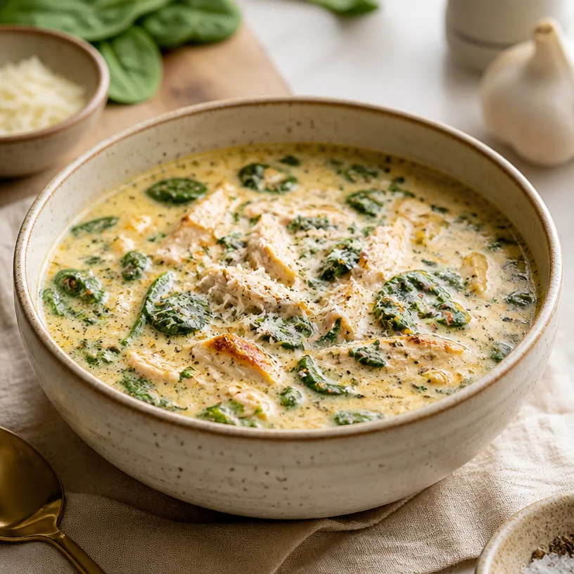 One-pot creamy spinach chicken soup with fresh spinach and tender chicken