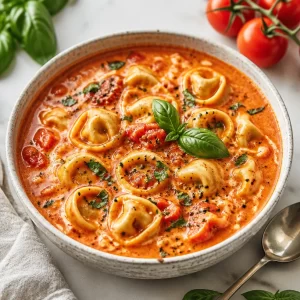 Creamy tomato tortellini soup in a bowl with fresh herbs and parmesan cheese