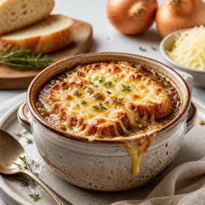 Delicious one-pot French onion soup topped with melted cheese and crispy bread.