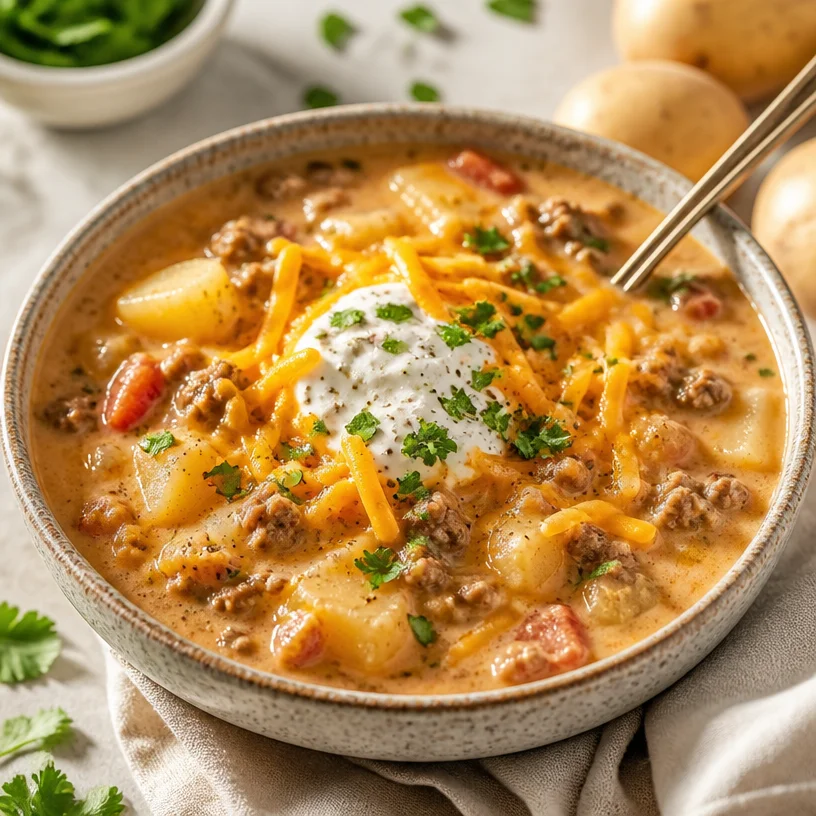 Bowl of One-Pot Loaded Taco Potato Soup garnished with toppings