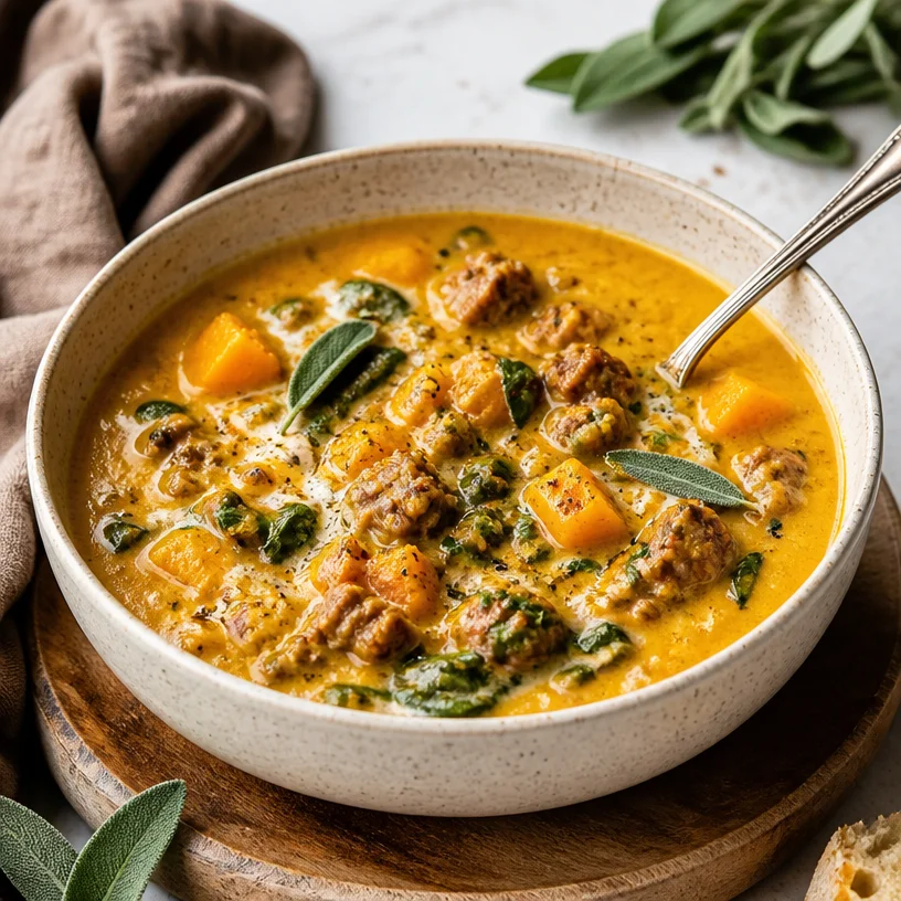 Creamy pumpkin sausage soup in a bowl, garnished with herbs.