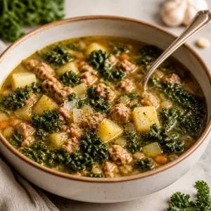 Bowl of One-Pot Sausage Kale Soup garnished with fresh kale and herbs.