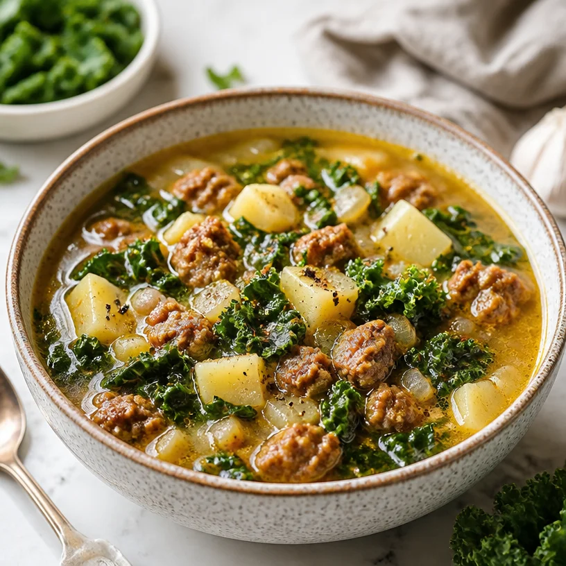 Bowl of one-pot sausage kale soup ready to serve for a quick weeknight dinner