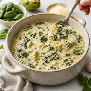 Creamy one-pot spinach artichoke soup in a bowl
