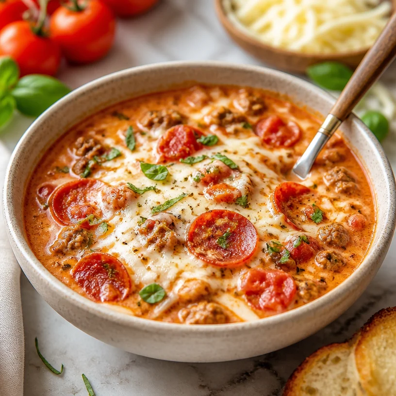 Bowl of Pizza Soup with cheese, pepperoni, and herbs on top