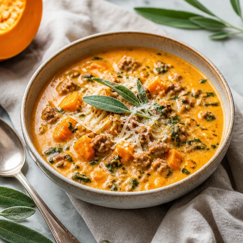 Bowl of Pumpkin Sausage Soup garnished with herbs and served with bread