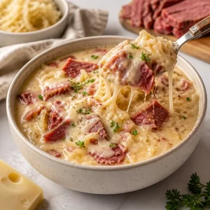 Bowl of hearty Reuben Soup with corned beef, sauerkraut, and cheese.