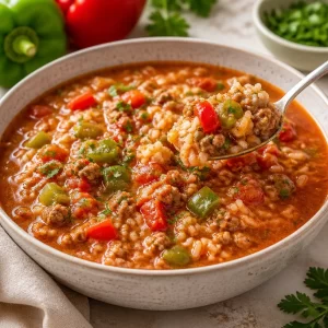 Bowl of delicious stuffed pepper soup with colorful peppers and rice