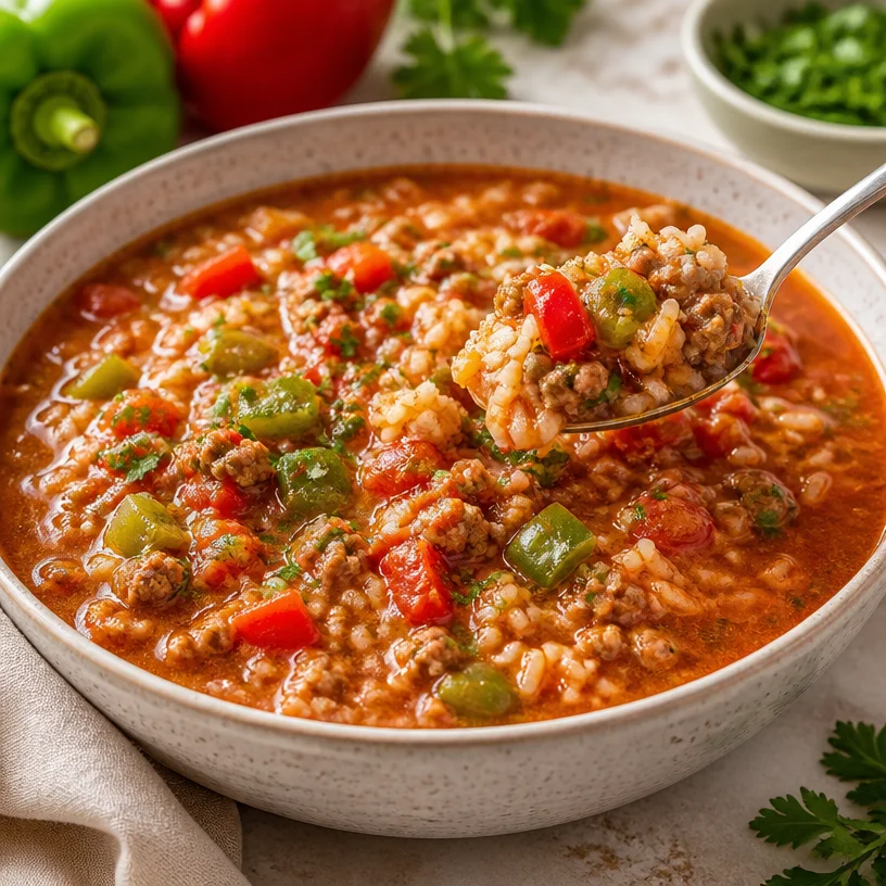 Bowl of delicious stuffed pepper soup with colorful peppers and rice