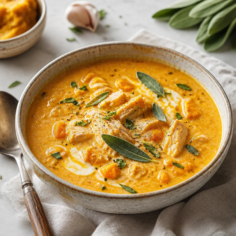 Creamy pumpkin chicken soup served in a bowl, garnished with herbs.