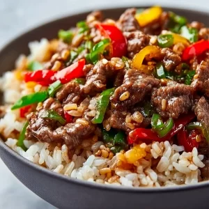 Delicious Beef and Pepper Rice Bowl topped with fresh vegetables and herbs