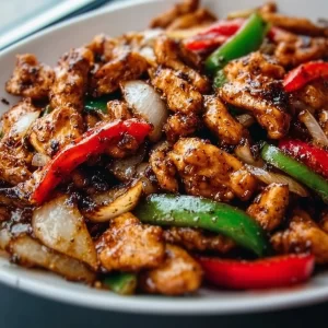 A plate of Black Pepper Chicken garnished with fresh herbs and spices