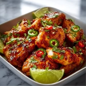 Plate of spicy Chili Lime Chicken garnished with lime and herbs