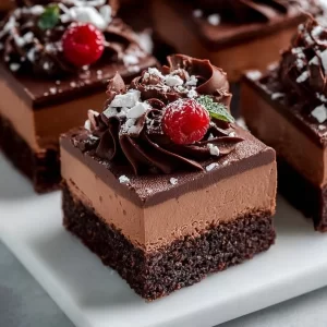 Delicious chocolate mousse brownies topped with rich chocolate layer.