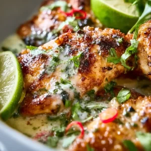 Coconut Lime Chicken garnished with fresh lime and coconut flakes