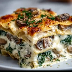 Creamy spinach mushroom lasagna with layers of cheese and fresh ingredients