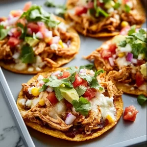 Crispy rotisserie chicken tostadas topped with fresh ingredients.