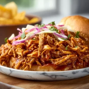 Crock pot BBQ pulled chicken served on a plate with sauce and buns
