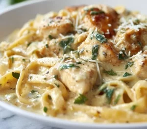 Bowl of Dairy Free Chicken Alfredo with fresh herbs and chicken pieces