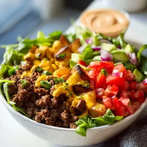 Healthy deconstructed hamburger bowl with fresh vegetables and lean protein