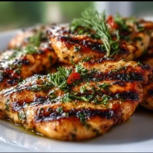 Juicy easy grilled chicken served on a plate with garnishes.
