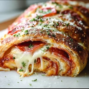 Easy Stromboli dinner recipe with cheese, pepperoni, and fresh herbs