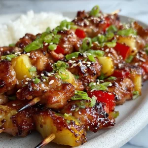 Grilled Hawaiian Teriyaki Chicken Kabobs served with vibrant vegetables.