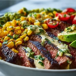 Grilled steak bowl with avocado and corn served in a vibrant dish