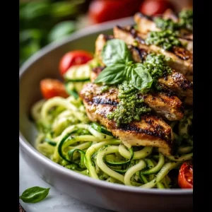 Healthy zucchini noodles topped with grilled chicken and fresh basil pesto.