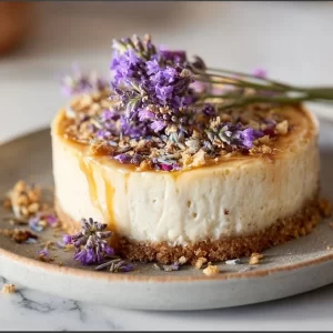 Slice of Honey Lavender Cheesecake topped with lavender sprigs