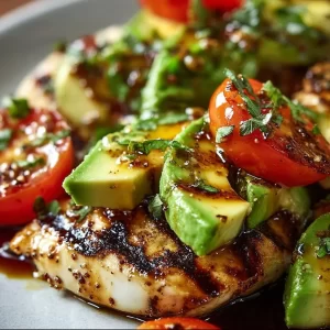 Juicy grilled avocado chicken with fresh herbs on a plate