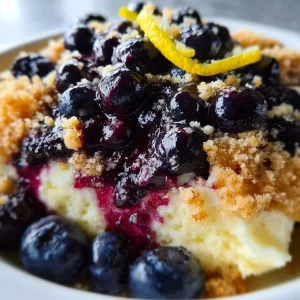 Lemon Blueberry Cheesecake Dump Cake topped with fresh blueberries and lemon zest