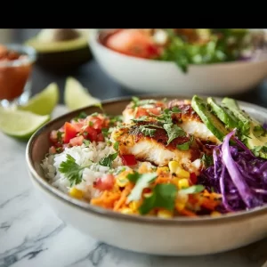 Delicious low-carb fish taco bowls with fresh toppings and vibrant colors.
