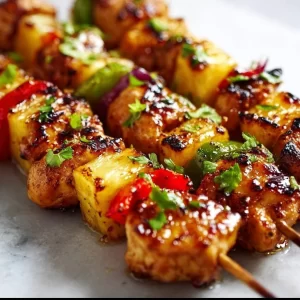Grilled pineapple chicken kabobs with colorful vegetables on skewers